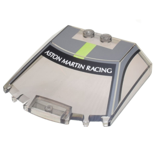 Деталь LEGO 65633pb10 Windscreen 6 x 6 x 1 1/3 Straight Sides with Black Window Frame Outline, Dark Bluish Gray Roof and Lime Stripe, 'ASTON MARTIN RACING' Pattern