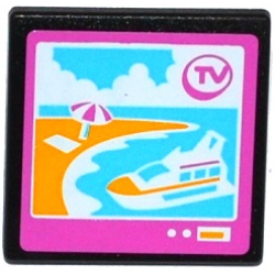 Road Sign 2 x 2 Square with Open O Clip with 'TV', Cruise Ship and Beach on Screen Pattern (Sticker) - Set 41100