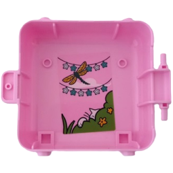 Container, Box 3 x 8 x 6 2/3 Half Front with Cat Face with Dark Turquoise Splotches and Dragonfly, String of White and Dark Azure Stars, White Cat Hiding Behind Lime Bushes and Flowers Pattern (Sticker) - Set 41665