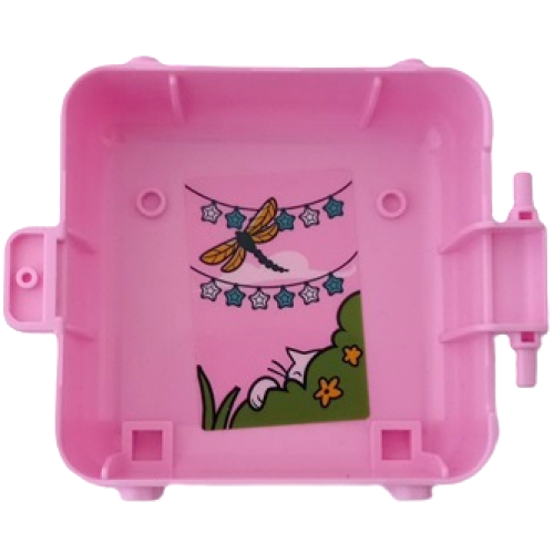 Деталь LEGO 64462pb14 Container, Box 3 x 8 x 6 2/3 Half Front with Cat Face with Dark Turquoise Splotches and Dragonfly, String of White and Dark Azure Stars, White Cat Hiding Behind Lime Bushes and Flowers Pattern (Sticker) - Set 41665