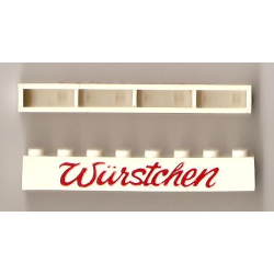 Brick 1 x 8 without Bottom Tubes with Cross Side Supports with Red 'Würstchen' Script Pattern ('Wurstchen') Brick 1 x 8 without Bottom Tubes with Cross Side Supports with Red 'Würstchen' Script Pattern ('Wurstchen')