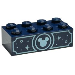 Brick 2 x 4 with Metallic Light Blue Mickey Mouse Head, Circles and Sparkles Pattern on Both Sides