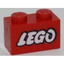 Brick 1 x 2 with LEGO Logo Open O Style White with Black Outline Pattern - Red