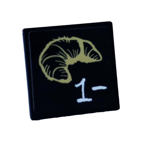 Деталь LEGO 15210pb093 Road Sign 2 x 2 Square with Open O Clip with White '1-' and Tan Croissant Pattern (Sticker) - Set 60233