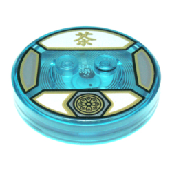 Dimensions Toy Tag 4 x 4 x 2/3 with 2 Studs and Trans-Light Blue Bottom with Gold Lotus Symbol in Dark Bluish Gray Hexagon and Chinese Logogram '茶' (Tea) on White Background Pattern (Sensei Wu)