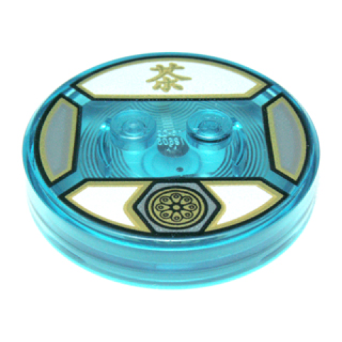 Деталь LEGO 18605c01pb23 Dimensions Toy Tag 4 x 4 x 2/3 with 2 Studs and Trans-Light Blue Bottom with Gold Lotus Symbol in Dark Bluish Gray Hexagon and Chinese Logogram '茶' (Tea) on White Background Pattern (Sensei Wu)