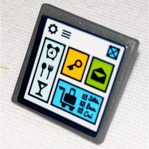 Деталь LEGO 15210pb109 Road Sign 2 x 2 Square with Open O Clip with Clock, Restaurant, Drink, Key, Mail Envelope and Luggage Hotel Symbols Pattern (Sticker) - Set 41347