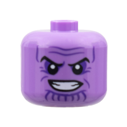 Minifigure, Head, Modified Giant Black Eyebrows, Dark Purple Eye Shadow, Wrinkles, and Chin Lines, Furrowed Brow, Open Mouth Smile with Teeth Pattern - Vented Stud
