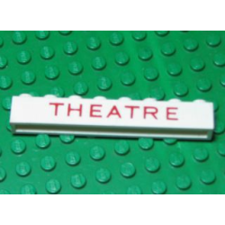 Brick 1 x 8 without Bottom Tubes with Cross Side Supports with Red 'THEATRE' Pattern Brick 1 x 8 without Bottom Tubes with Cross Side Supports with Red 'THEATRE' Pattern