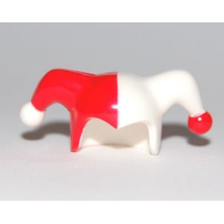 Minifigure, Headgear Jester's Cap with Red Right Side and Red and White Pom Poms Pattern Minifigure, Headgear Jester's Cap with Red Right Side and Red and White Pom Poms Pattern