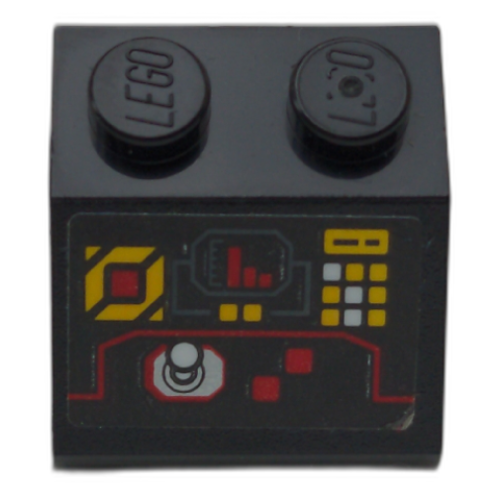 Деталь LEGO 3039pb145 Slope 45 2 x 2 with Control Panel with Red, White and Yellow Buttons, Red Bar Chart and Silver Joystick Pattern (Sticker) - Set 70923