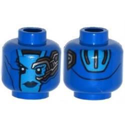 Minifigure, Head Alien Female Dark Azure Face, Dark Blue Lips, Mechanical Left Eye, Silver Stripes on Back Pattern