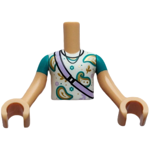 Деталь LEGO FTBpb082c01 Torso Mini Doll Boy White Shirt, Gold Symbols, Lavender Shoulder Bag Pattern, Medium Tan Arms with Hands with Dark Turquoise Short Sleeves