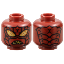 Minifigure, Head Alien Insect with Gold Eyes with Dark Orange Dots, Exoskeleton Segments and Mandibles with Red Spikes, Angry Bared Sharp Teeth Pattern