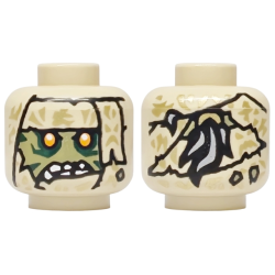 Minifigure, Head Alien Olive Green Face with Dark Green Markings, Bright Light Orange Eyes, Tattered Wrappings with Gold Highlights, Light Bluish Gray Ponytail on Back Pattern