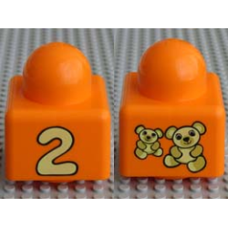 Primo Brick 1 x 1 with Number 2 and Teddy Bears Pattern on Opposite Sides