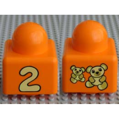 Деталь LEGO 49256px6 Primo Brick 1 x 1 with Number 2 and Teddy Bears Pattern on Opposite Sides