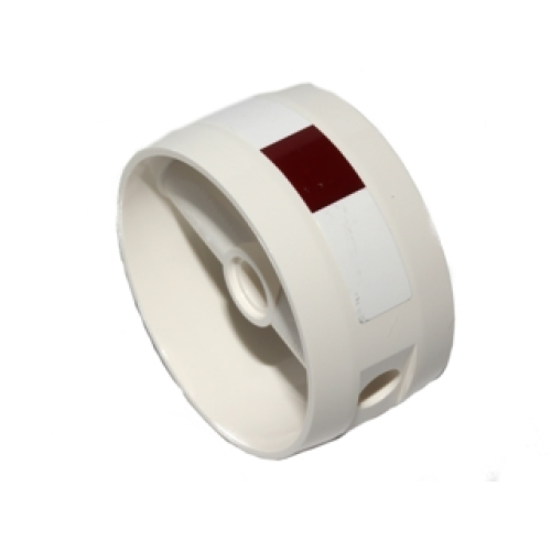 Деталь LEGO 41531pb008 Cylinder 4 x 4 x 1 2/3 with Pin Holes and Center Bar with Dark Red Rectangle with White Sides Pattern (Sticker) - Set 75004