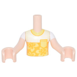 Torso Mini Doll Boy White Shirt with Bright Light Orange Panel and Bright Light Yellow Pocket and Flowers Pattern, Light Nougat Arms with Hands with White Short Sleeves