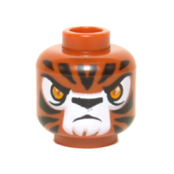Minifigure, Head Alien Chima Tiger with Bright Light Orange Eyes, Black Nose and Stripes, White Snout and Eye Shadow, Frown Pattern