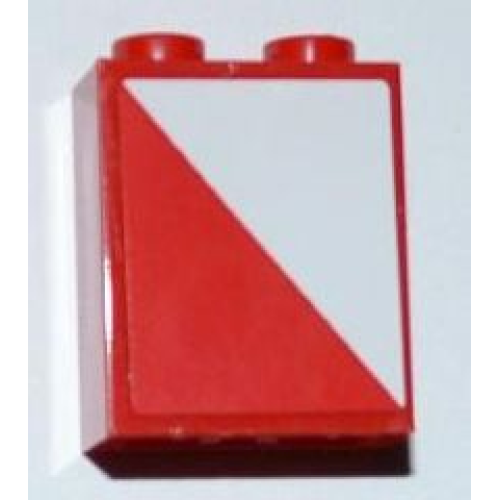 Деталь LEGO 3245bpb24R Brick 1 x 2 x 2 with Inside Axle Holder with Red and White Diagonal Halves Pattern Model Right Side (Sticker) - Set 3182