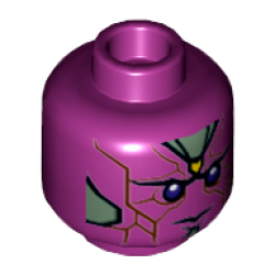 Minifigure, Head Alien Robot with Yellow Spot on Forehead, Dark Purple Eyes, Reddish Brown Lines, and Sand Green Armor Plates Pattern (Vision)
