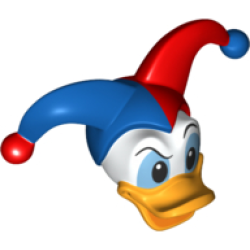 Minifigure, Head, Modified Duck with Bright Light Orange Bill and Black and Medium Blue Eyes and Blue and Red Jester's Cap Pattern (Donald)