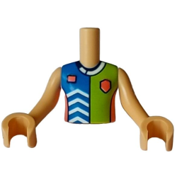 Torso Mini Doll Girl Blue, Lime, and Coral Sports Uniform Shirt with White Chevrons and Collar, Dark Blue Number 2 on Back Pattern, Medium Tan Arms with Hands
