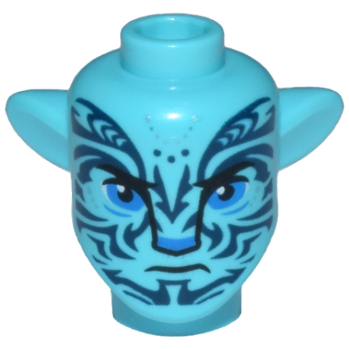 Деталь LEGO 1576pb17 Minifigure, Head, Modified Alien Na'vi with Blue Eyes, Silver Spots, Dark Blue Markings, Closed Mouth Frown Pattern