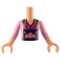 Torso Mini Doll Girl Bright Pink Top over Magenta Shirt, Dark Blue Apron with Flowers Pattern, Medium Tan Arms with Hands with Bright Pink Sleeves