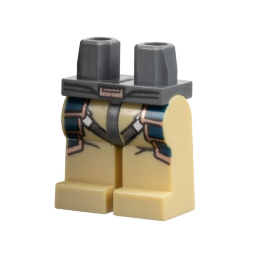 Деталь LEGO 970c02pb17 Hips and Tan Legs with Copper Belt Buckle, Dark Bluish Gray Thigh Straps, and Dark Blue and Copper Layered Armor Plates Pattern