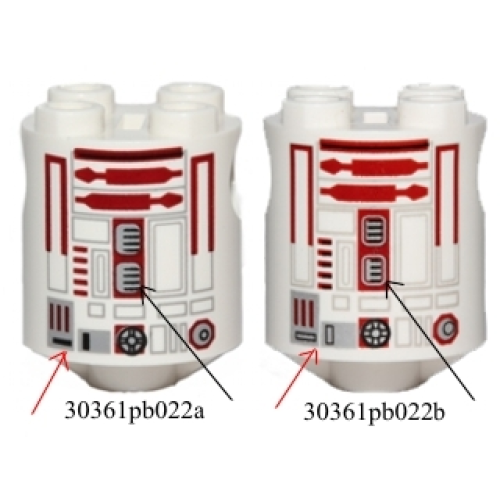 Деталь LEGO 30361cpb022a Brick, Round 2 x 2 x 2 Robot Body with Bottom Axle Holder (x Shape / + Orientation) with Black Full Small Rectangles, Dark Red Lines and Dark Red Pattern (SW R4-P17)