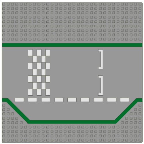 Деталь LEGO 425p01 Baseplate, Road 32 x 32 3 Lane with Race Track with Green Lines and White Checkered Pattern