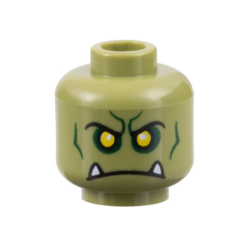 Minifigure, Head Alien Orc with Yellow Eyes, Black Eyebrows, Dark Green Contours and Eye Shadow, and Frown with White Lower Fangs Pattern
