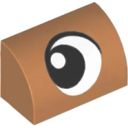 Slope, Curved 1 x 2 with Bottom Stud Holder with Black and White Eye Looking Right Pattern - Medium Nougat Slope, Curved 1 x 2 with Bottom Stud Holder with Black and White Eye Looking Right Pattern - Medium Nougat