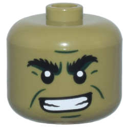 Minifigure, Head, Modified Giant Black Bushy Eyebrows, Dark Green Cheek Lines, Chin Dimple, and Furrowed Brow, Open Mouth Smile with Teeth Pattern - Vented Stud Minifigure, Head, Modified Giant Black Bushy Eyebrows, Dark Green Cheek Lines, Chin Dimple, and Furrowed Brow, Open Mouth Smile with Teeth Pattern - Vented Stud
