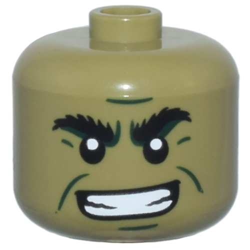 Деталь LEGO 79435pb06 Minifigure, Head, Modified Giant Black Bushy Eyebrows, Dark Green Cheek Lines, Chin Dimple, and Furrowed Brow, Open Mouth Smile with Teeth Pattern - Vented Stud