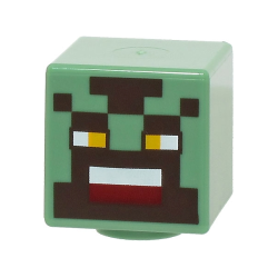 Minifigure, Head, Modified Cube with Pixelated Dark Brown Face, Bright Light Orange Eyes, and White and Dark Red Mouth Pattern (Minecraft Orc Warrior)