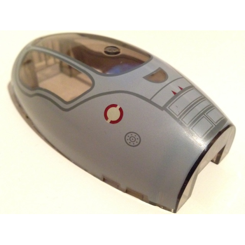 Деталь LEGO 10312pb01 Windscreen 10 x 6 x 3 Bubble Canopy Double Tapered with Square Front Cutout with Light Bluish Gray Jedi Starfighter, Handle and Two Red Triangles on Top Pattern