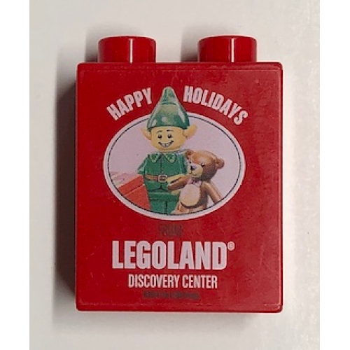 Деталь LEGO 4066pb727 Duplo, Brick 1 x 2 x 2 with 2014 Happy Holidays From LEGOLAND Discovery Center Pattern