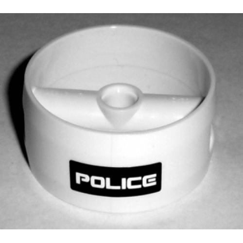 Деталь LEGO 41531pb003 Cylinder 4 x 4 x 1 2/3 with Pin Holes and Center Bar with White 'POLICE' on Black Background Pattern (Sticker) - Set 5971