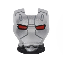 Minifigure, Visor Top Hinge with Silver Face Shield, Red Eyes, and Dark Bluish Gray Lines Pattern