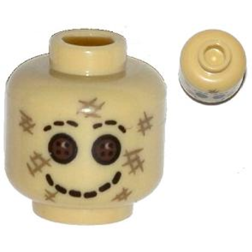 Деталь LEGO 3626pb0997 Minifigure, Head Alien Scarecrow with Dark Brown Button Eyes, Black Stitched Smile and Eyebrows, and Dark Tan Scratches Pattern