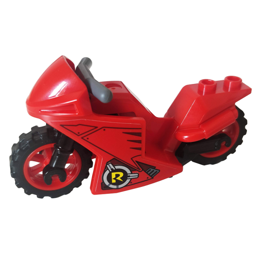 Деталь LEGO 18895c07pb02 Motorcycle Sport Bike with Black Frame, Red Wheels and Dark Bluish Gray Handlebars with Robin Logo and Vents Pattern on Both Sides (Stickers) - Set 76159