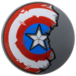 Minifigure, Shield Circular / Round Convex Face with Red and White Concentric Rings, Star in Blue Circle, Scratches and Damaged Half Pattern (Captain America) Minifigure, Shield Circular / Round Convex Face with Red and White Concentric Rings, Star in Blue Circle, Scratches and Damaged Half Pattern (Captain America)