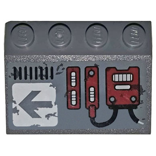 Деталь LEGO 3297pb042L Slope 33 3 x 4 with Dark Red Mechanical Panels and Arrow on Worn White Background Pattern Model Left Side (Sticker) - Set 70009