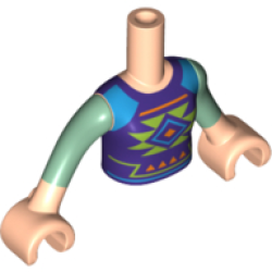 Torso Mini Doll Girl Dark Purple Shirt and Dark Azure Shoulders with Geometric Pattern, Light Nougat Arms with Hands with Sand Green Sleeves
