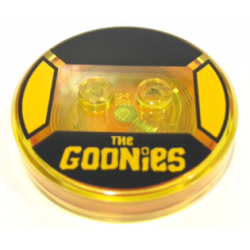 Dimensions Toy Tag 4 x 4 x 2/3 with 2 Studs and Trans-Orange Bottom with Bright Light Orange 'THe GOONieS' on Black Background Pattern (Sloth)