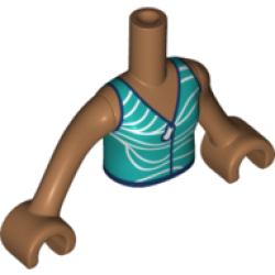 Torso Mini Doll Girl Dark Turquoise Wetsuit with Zipper, White Wavy Stripes and Dark Blue Trim Pattern, Medium Nougat Arms with Hands