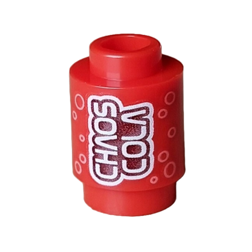 Деталь LEGO 3062pb078 Brick, Round 1 x 1 with Stylized White 'CHAOS COLA' on Dark Red Background and Bright Pink Circles Pattern